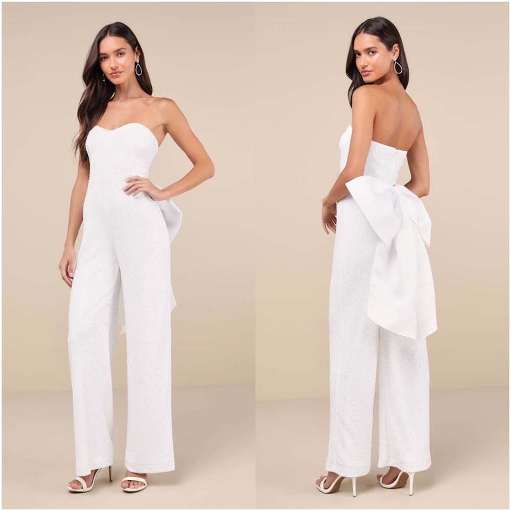 LULU’S Mesmerizing Glow White Sequin Removable Bow Wide-Leg Jumpsuit